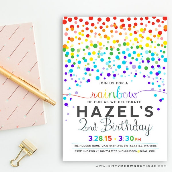 Rainbow Dots, Rainbow of Fun, Birthday Party Invitations - Invites