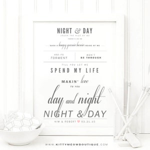 Frank Sinatra "Night and Day" - Grey & Blush - Valentine's, Wedding Gift Idea, Paper Anniversary Gift, First Dance Song Lyrics, Art Print
