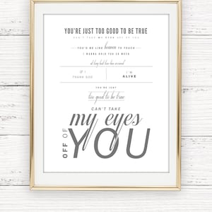 Frankie Valli "Can't Take My Eyes Off You" - Gray & Blush - San Valentín, regalo de bodas, aniversario de papel, letras de canciones, impresión de arte