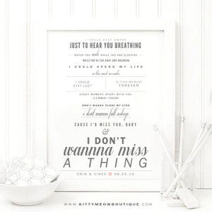Rubor gris y rosa, Aerosmith "Don't Wanna Miss a Thing" - San Valentín, regalo de boda, algodón, regalo de aniversario de papel, letras de canciones, impresión de arte