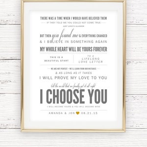 Wedding Gift, Light Gray & Gold, Sara Bareilles &quot;I Choose You&quot; - Valentine&#39;s, Wedding Gift, Paper Anniversary Gift, Song Lyrics, Art Print