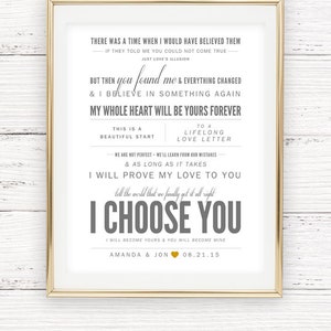 Wedding Gift, Light Gray & Gold, Sara Bareilles "I Choose You" - Valentine's, Wedding Gift, Paper Anniversary Gift, Song Lyrics, Art Print