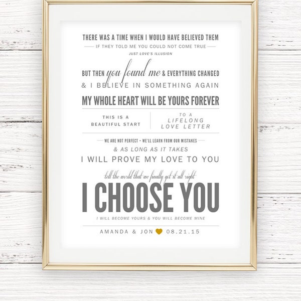 Wedding Gift, Light Gray & Gold, Sara Bareilles "I Choose You" - Valentine's, Wedding Gift, Paper Anniversary Gift, Song Lyrics, Art Print