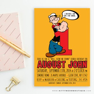 Popeye, o marinheiro, primeiro aniversário, âncora náutica vintage, amarelo, vermelho e azul - convites