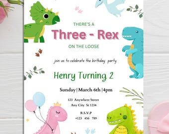 Dinosaur Invitation Template, Three-Rex dinosaur birthday party invitation, Girl Party Invite, Boys 3rd Birthday Dino Party, Dinosaur world