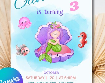 Faire-part d'anniversaire aquarelle queue de sirène, invitations de fête de sirène, fête de sirène sous l'invitation d'anniversaire de mer, fête d'anniversaire fantaisiste