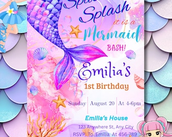 Faire-part d'anniversaire queue de sirène, invitations de fête de sirène, fête de sirène sous l'invitation d'anniversaire de mer, fête d'anniversaire lunatique modifiable