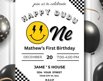 One Happy Dude Birthday Invitation Template, Boy 1st Birthday Invite, Editable Retro One Happy Dude First, Birthday Party Invite ,Printable