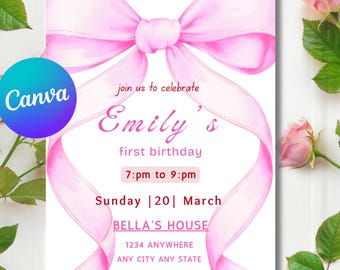 Coquette Pink Bow Birthday Invitation, Coquette Birthday Girl Invite, Pink Coquette Bow Invite, Ribbon Birthday Invitation, Editable