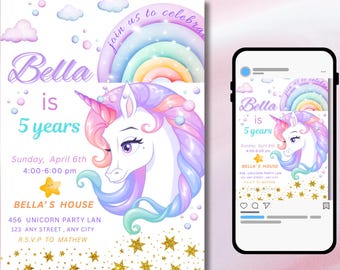 Unicorn Electronic Birthday Invitation, Rainbow mobile invitation, Girl Party Invite, Sparkle Invitation for Girls, Glitter Party printable