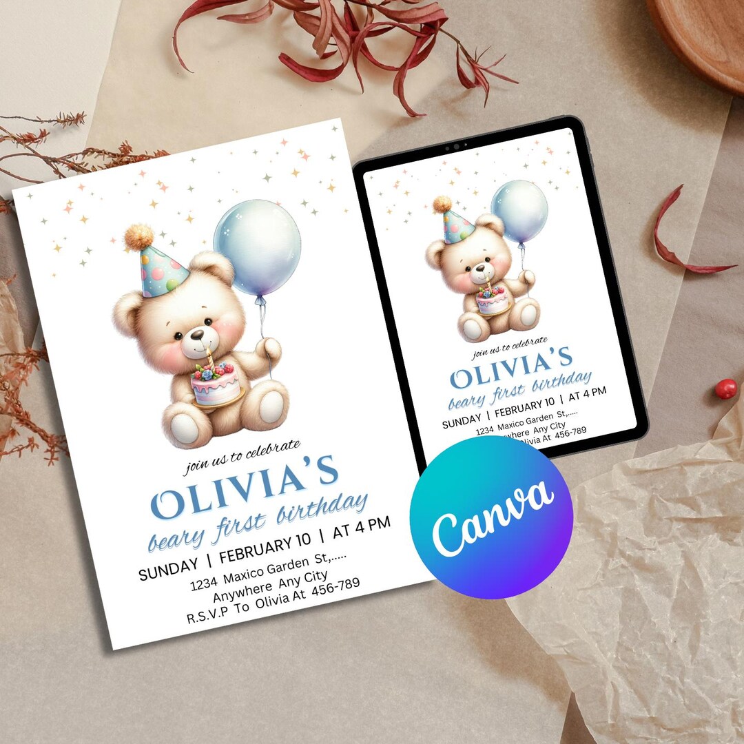 Beary First Birthday Invitation Template | Teddy Bear Party Invite for ...