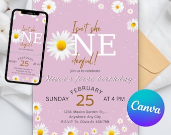May include: A pink birthday invitation with daisy accents and the text "Isn't she NE derful!" The invitation includes details for Olivia's first birthday on February 25th at 4 PM. A smartphone displays the same design.