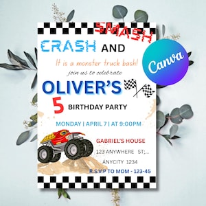 Monster Truck Pool Party Invitation,Digital Pool Party Smash Splash For Kids Birthday, Summer Splash Bash Invite,Editable Digital Template