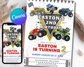 Editable Monster Truck Birthday Invitation, Boom Crash Party, Hot Racing Cars Birthday Party Invitation, Boys Birthday Invite, Canva DIY