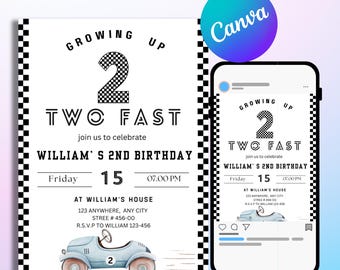 Editable Two Fast Birthday Invitation Canva, Race Car 2nd Birthday Invite, Racing Car Vintage, cream Race car Editable Printable Invitation