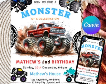 Monster Truck Birthday Invitation Template, Hot Wheels Racing Car Birthday Party Invitation, Boys Editable Invitation, Truck Party decor DIY