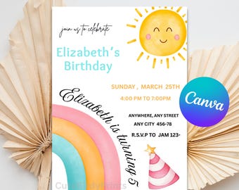 Editable Watercolor Rainbow Birthday Party Invitation Template,Girls Party Invites, Pastel Rainbow Party evite, Kids Birthday Invite Canva