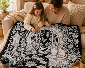 Peut inclure: Un tapis rectangulaire en tissu présentant une illustration au trait noir et blanc d'une scène de jardin avec un chat endormi, une lanterne en pierre, une porte circulaire, un papillon et des fleurs de lotus, conçu pour le coloriage.
