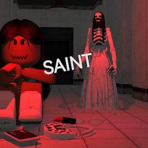 May include: A digital illustration of a scene with a red hue. A figure sits on the floor, and a ghostly figure stands in the background. The word "SAINT" is overlaid on the image. Accessories are scattered on the floor.