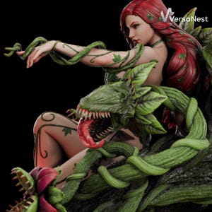 May include: A detailed statue of a woman with red hair and green vines. The statue features a large, green, plant-like creature with an open mouth and a red tongue. The woman is surrounded by green vines and leaves.