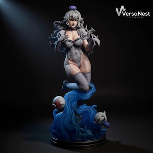 May include: A detailed figurine of a character with grey hair, wearing a grey bodysuit, gloves, and thigh-high socks. The figure is posed above a blue water-like base with two ghost-like figures. The figurine has a purple crown and is from VersaNest Studio.