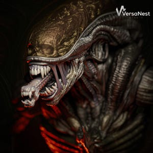 Puede incluir: Primer plano detallado de una criatura Alien con un exoesqueleto met&aacute;lico texturizado. La cabeza de la criatura presenta una estructura similar a un cr&aacute;neo, dientes afilados y una boca interna prominente. La paleta de colores incluye tonos dorados, plateados y grises oscuros.