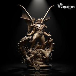 May include: A detailed sculpture of a winged warrior figure standing atop a creature with multiple serpent-like heads. The figure is in a dynamic pose, with outstretched arms. The sculpture is in a neutral colour, with the VersaNest Studio logo in the upper right corner.