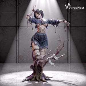 May include: A figurine of a person with cracked skin wearing a dark blue torn sailor-style top and pleated skirt, bound by ropes. The figure is positioned against a tree-like base with white paper strips, featuring the text VersaNest STUDIO.