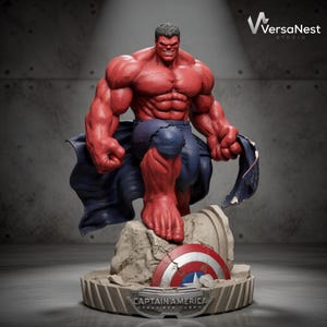 May include: A muscular red-skinned humanoid figure with short dark hair, wearing dark blue pants, standing on a rocky base. A damaged red, white, and blue circular shield is embedded in the base, which features the text "CAPTAIN AMERICA" in relief.
