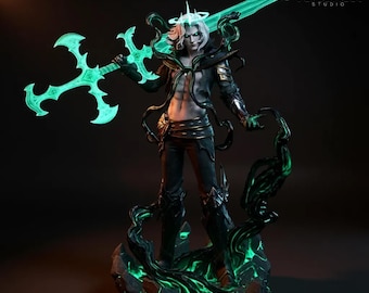 May include: A detailed statue of a male figure with white hair, wearing dark clothing, and holding a glowing green sword. The figure stands on a base with glowing green accents. The VersaNest Studio logo is visible.