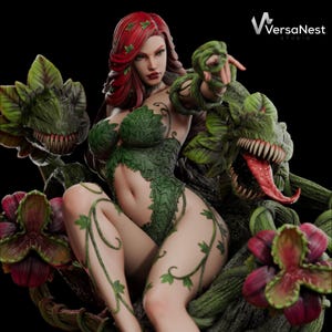 May include: A detailed statue of a woman with red hair and green leaf-like attire, surrounded by plant-like creatures. The statue has a dark background and the VersaNest Studio logo is visible.