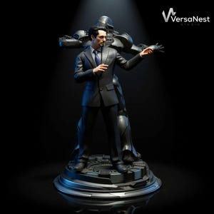 Full duo statue of Iron Man and Tony Stark on round base, ready for 3D printing.