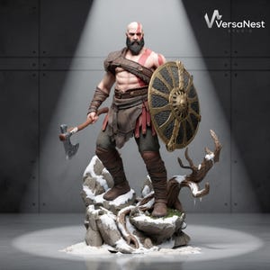 May include: A detailed collectible figurine of a bald, bearded warrior with red body paint, wearing brown leather armor, holding a silver-bladed axe and a large circular gold and black shield, standing on a snowy, rocky base with a gnarled tree branch.