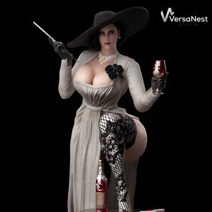 May include: A detailed statue of a woman in a long, light grey dress, black hat, and black gloves, holding a cigarette and a glass of red wine. The statue has a black background and a bottle of wine is at her feet.