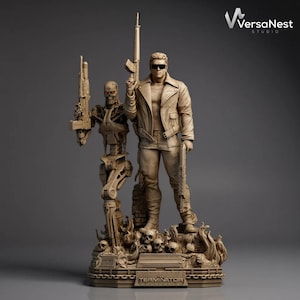 Könnte beinhalten: Detaillierte Skulptur mit zwei Figuren aus dem Terminator-Franchise. Eine Figur ist ein menschenähnlicher Charakter in Jacke und Sonnenbrille, der ein Gewehr hält. Die andere ist ein skelettartiger Roboter, der eine Waffe hält. Die Basis trägt die Aufschrift "TERMINATOR".