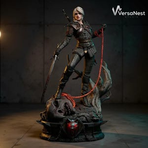 May include: A detailed statue of a female warrior in dark armor, holding a sword and a red chain. The figure stands atop a monster's head, with a logo in the upper right corner. The statue is set against a dark, textured background.
