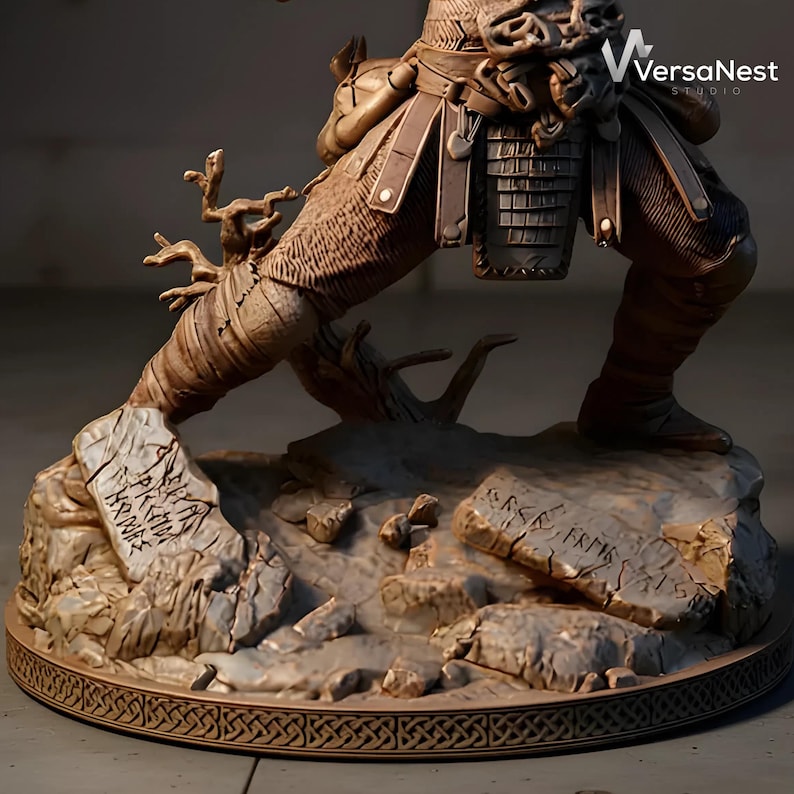 May include: A detailed, brown sculpture of a warrior figure in a dynamic pose, set on a rocky base with carved runes. The base features a decorative border. The figure is clad in armor and appears to be made of a durable material.
