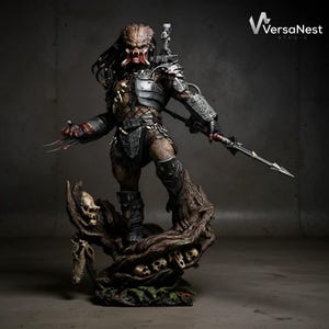 May include: A detailed statue of the Predator alien, standing on a base of skulls and tree roots. The figure is clad in armour and holds a spear and wrist blades. The statue has a menacing expression and is in a dynamic pose. The VersaNest Studio logo is in the upper right corner.