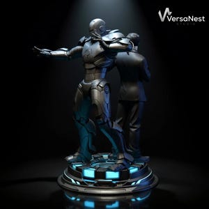 Close up of Tony Stark in suit with Iron Man armor behind, STL printable model.