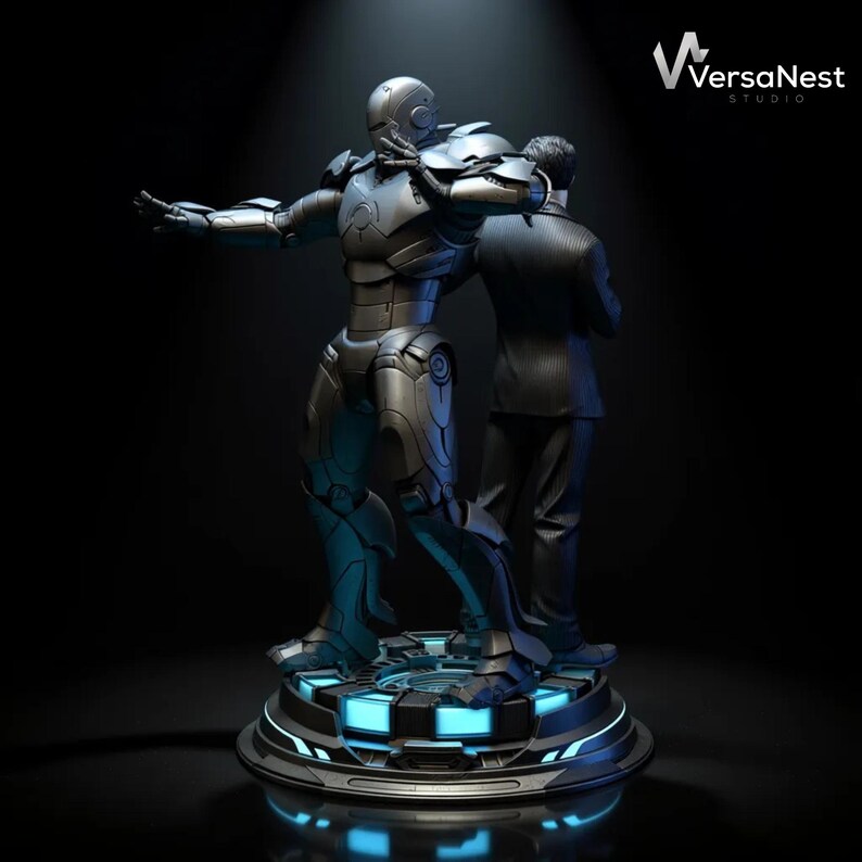 Close up of Tony Stark in suit with Iron Man armor behind, STL printable model.