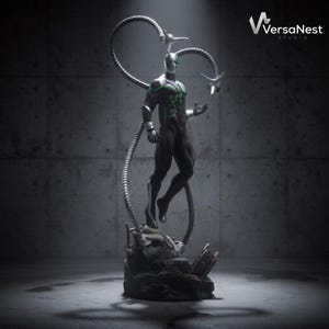 May include: A collectible figurine of a character in a black suit with green accents, wearing a white mask, and featuring four metallic mechanical tentacles extending from the back. The figure stands on a dark, rocky base with debris.