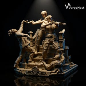 Puede incluir: Escultura detallada de resina beige que representa una escena de Resident Evil. Dos figuras con armas de fuego están en unas escaleras, frente a un zombi. La base de la escultura muestra el logotipo de Resident Evil.