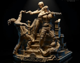 Diorama STL de fan art de Resident Evil: Escena de batalla de zombis a escala 1:6 / Estatua del dúo de supervivientes / Archivos no compatibles de One Piece y Xpose