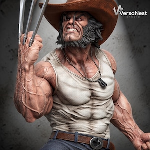 May include: A highly detailed collectible figurine of a muscular character wearing a brown cowboy hat, a ribbed beige tank top, and blue jeans with a belt featuring a maple leaf buckle. The figure has metal claws extended and wears a dog tag necklace.