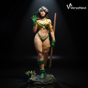 Op de afbeelding: Gedetailleerd beeldje van een vrouwelijk personage in een groen en geel kostuum, met een staf. Het beeldje staat op een rotsachtige basis met een donkere achtergrond. Het logo "VersaNest STUDIO" is rechtsboven zichtbaar.