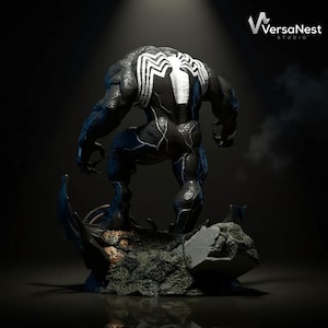 May include: A black and white Venom statue, showcasing the character's muscular physique and iconic spider emblem on the back. The statue is posed on a detailed, rocky base, with the VersaNest Studio logo visible.