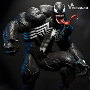 May include: A detailed black and white Venom statue with a red tongue and sharp teeth. The figure has white accents and a muscular build. The VersaNest Studio logo is visible in the top right corner.