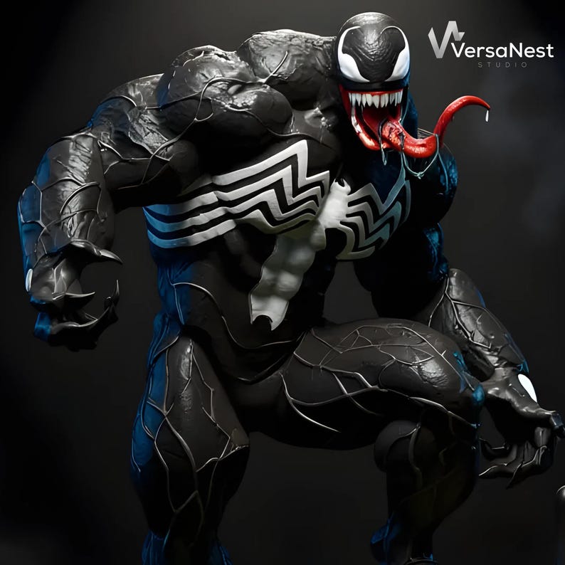 May include: A detailed black and white Venom statue with a red tongue and sharp teeth. The figure has white accents and a muscular build. The VersaNest Studio logo is visible in the top right corner.