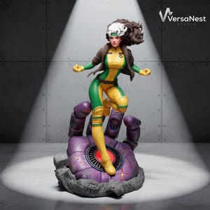 May include: A collectible figurine of a character with brown hair and a white streak, wearing a yellow and green bodysuit with a brown jacket and gloves. The figure stands on a large, purple robotic hand base with a glowing red circular centre.