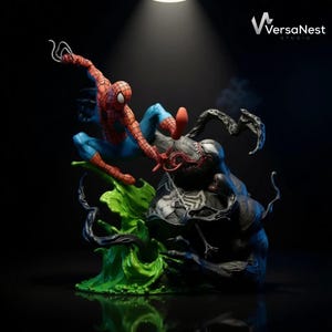 May include: A detailed statue of Spider-Man in a dynamic pose, fighting Venom. Spider-Man is in his classic red and blue suit, while Venom is depicted in black with a menacing expression. The base includes green and black accents.